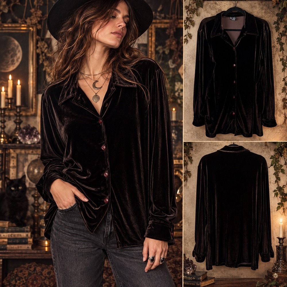 Rafaella Velvet Button Down Top Women's Large Brown Whimsigoth Witchy 90s Fall